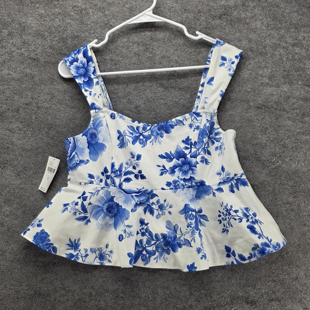 Maeve Tank Womens M Blue Floral Square Neck Ruffle Peplum Lined Stretch Casual